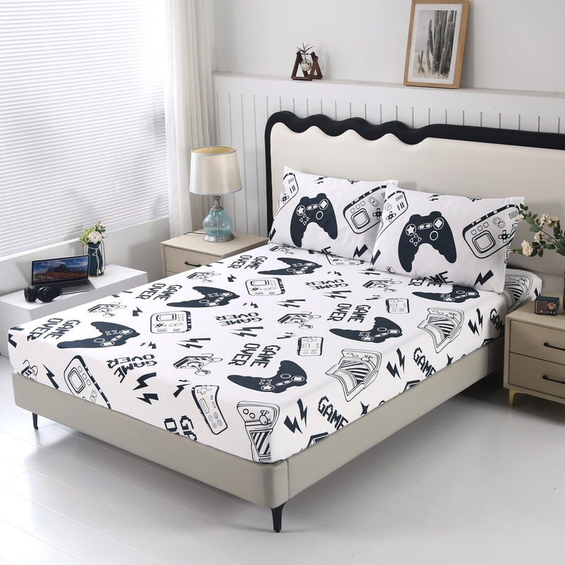 SDIII White Gamer Fitted Sheet Twin with 2 Pillowcases Not Including Flat Sheet Soft Microfiber Deep Pocket Gaming Bed Sheets for Kids Boys Girls