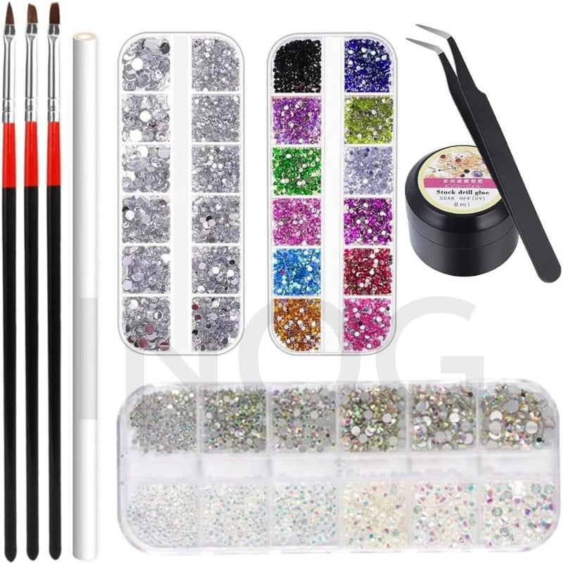 INOG Nail Art Rhinestones Kit 7200pcs 6 Sizes Nail Gems Flatback Rhinestones Gems Stones, with Rhinnestone Glue/Tweezers/Wax Pencil/Glue Brush (1.5-4.5 mm) for Nail Art Craft - Image 1