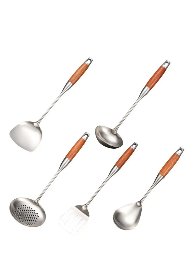 Generic - Elegant kitchen spoon set with wooden handle 5pc - Image 1