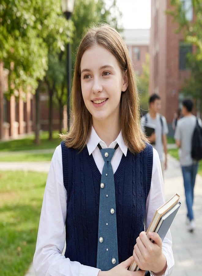 Denim Tie with Pearls, Blue Stylish Fashion Necktie (Blue) - Image 2