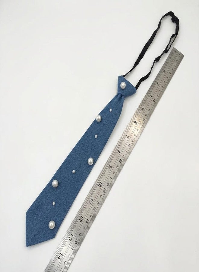 Denim Tie with Pearls, Blue Stylish Fashion Necktie (Blue) - Image 5