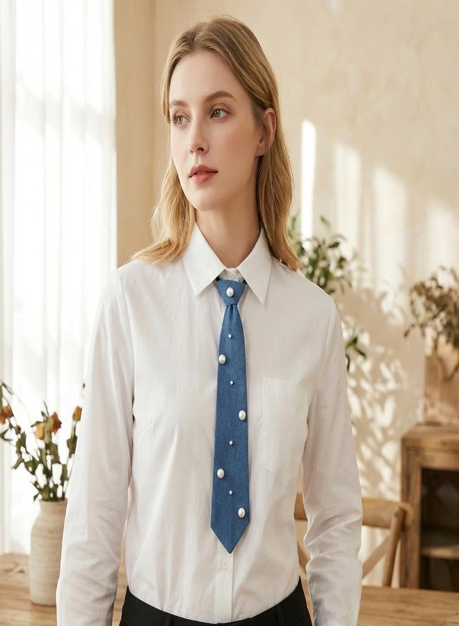 Denim Tie with Pearls, Blue Stylish Fashion Necktie (Blue) - Image 3
