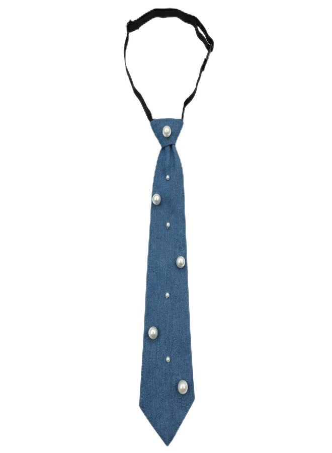 Denim Tie with Pearls, Blue Stylish Fashion Necktie (Blue) - Image 1