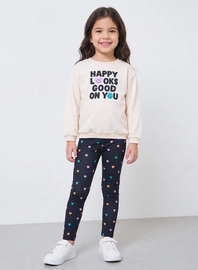 Styli Girls Graphic Sweatshirt and Heart Print Leggings Set