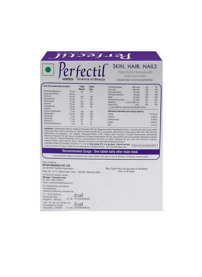 Perfectil Multivitamin Supplements for Hair, Skin and Nails for Men & Women,Packed with Biotin and Grape Seed Extract for Radiant and Younger-Looking Skin, Stronger Nails | 30 Tablets (Pack of 3)  - Image 2