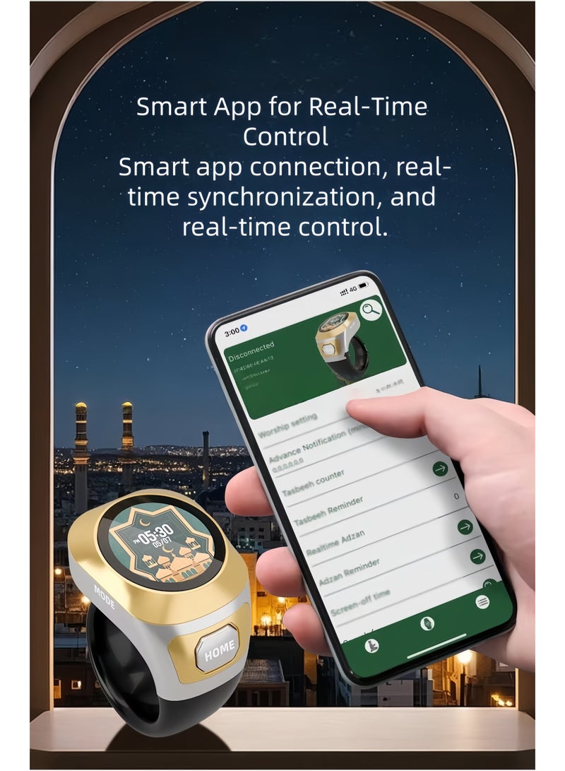 خاتم تسبيح ذكر ذكي، طراز جديد مع اتصال بلوتوث، عداد قابل للتعديل، مع أحجام حلقات قابلة للاستبدال (18/20/22 مم)، تذكير بأوقات الصلاة مع تذكير بالاهتزاز، عداد تسبيح واتصال بلوتوث، خاتم تذكير بالصلاة بشاشة OLED، عداد رقمي بشاشة OLED مقاوم للماء، خاتم ذكر، عداد تسبيح للمسلمين - Image 4