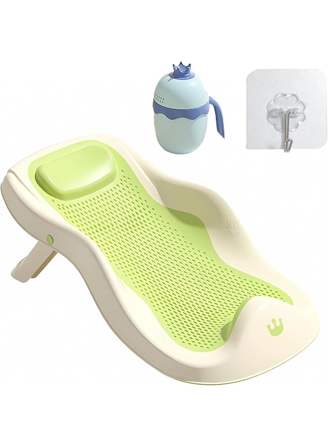 Foldable Baby Bath Tub Seat With Soft Raised Headrest And Rinse Cup Newborn Bathtub Chair For 0 12 Months Infant Shower Seat With Drain Holes (Green) - Image 1