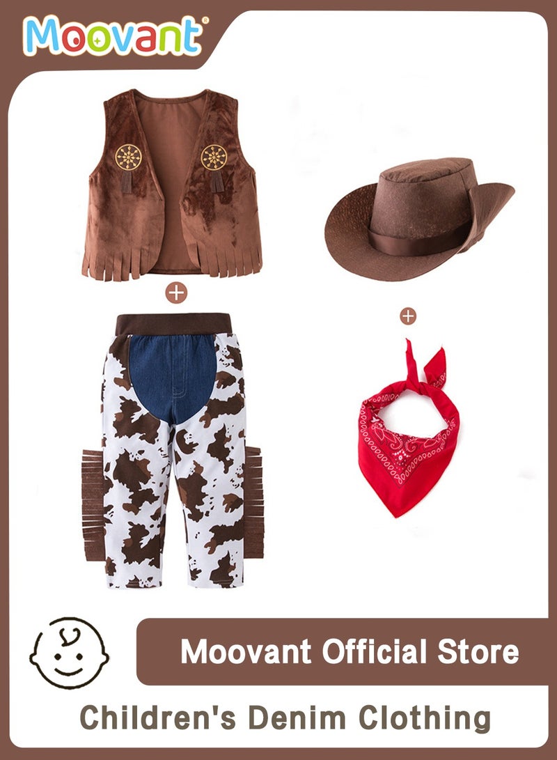 Moovant طقم تنكر للأطفال مكون من 4 قطع، بدلة جينز غربية مع قبعة، زي رعاة البقر، ملابس احتفالية للأطفال، أزياء أداء المسرح للحفلات، مجموعة تنكر للعب الأدوار - Image 1