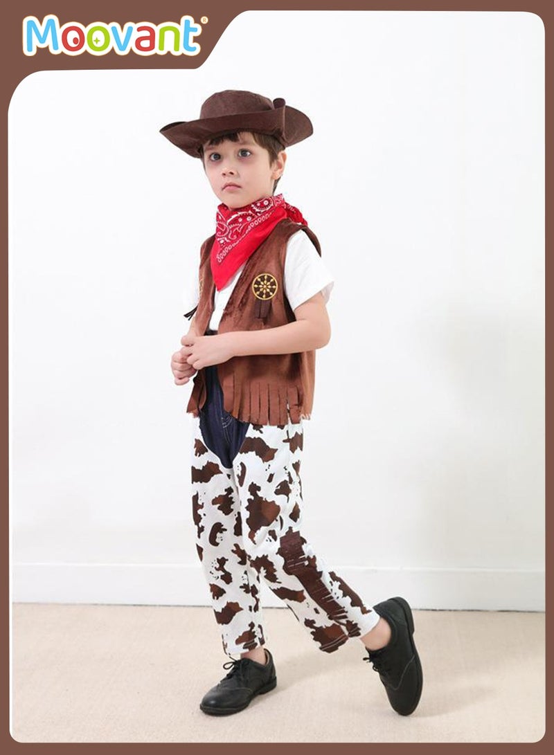 Moovant طقم تنكر للأطفال مكون من 4 قطع، بدلة جينز غربية مع قبعة، زي رعاة البقر، ملابس احتفالية للأطفال، أزياء أداء المسرح للحفلات، مجموعة تنكر للعب الأدوار - Image 2