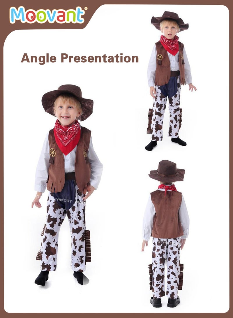 Moovant طقم تنكر للأطفال مكون من 4 قطع، بدلة جينز غربية مع قبعة، زي رعاة البقر، ملابس احتفالية للأطفال، أزياء أداء المسرح للحفلات، مجموعة تنكر للعب الأدوار - Image 4