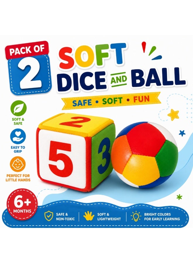 Pack of 2 Soft Dice and Ball Set for Kids and Toddlers – Colorful Plush Learning Toys with Number Blocks and Soft Sensory Ball – Safe Lightweight Baby Activity Toys for Early Learning, Hand Eye Coordination, Motor Skills, Preschool Educational Play Set for Boys and Girls - Image 1