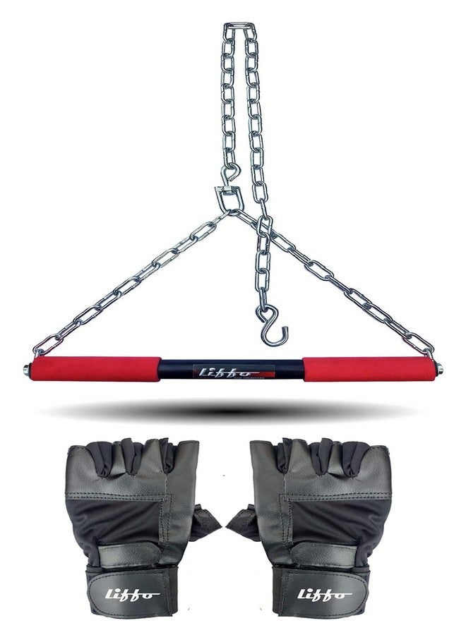 Liffo® Pull Up Bar Hanging Rod For Height Increase For Kids,Adult With Weight Lifting Gloves (4FT) Red - Image 1