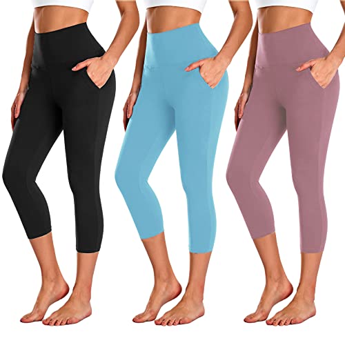 NEW YOUNG 3 Pack Capri Leggings for Women with Pockets-High Waisted Tummy Control Workout Gym Yoga Pants - Image 1