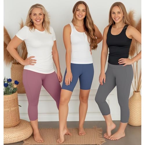 NEW YOUNG 3 Pack Capri Leggings for Women with Pockets-High Waisted Tummy Control Workout Gym Yoga Pants - Image 2