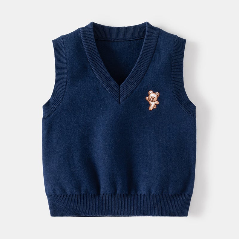 Kids Winter Vest New V-Neck Sleeveless Sweater Navy Blue Bear Vest 