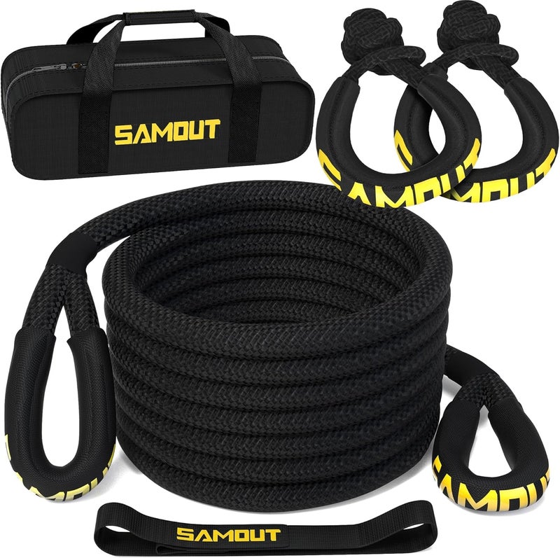 Kinetic Recovery Rope 1in x 20ft Tow Rope 48,000lbs MBS with 2 x 1/2 in x 22 in (48,300lbs MBS) Synthetic Soft Shackles, for Jeep, SUV, UTV, ATV, Truck, Car,Tractor (1in x 20ft, Black)