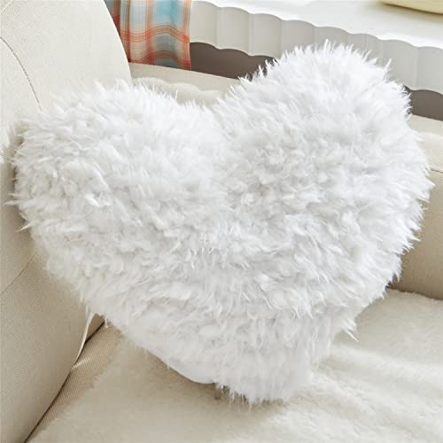 MOOWOO Fluffy Heart Throw Pillow with Pillow Cover and Insert Shaggy Faux FurValentines Day DecorChristmas Decorations Love Pillow White Heart Shape157X157Inches