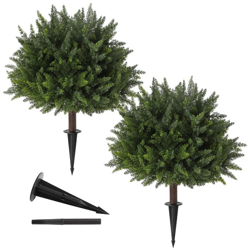 LUWENER 23.6Inch Artificial Cedar Topiary, 2 Pack UV Resistant Faux Evergreen Shrubs with Ground Spikes, Indoor Outdoor Potted Plants for Porch, Garden, Front Door Decor - Image 1