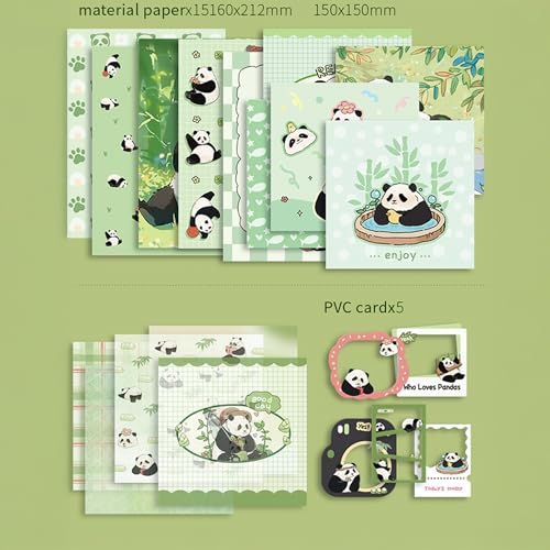 The AutoStory Bear Scrapbook Album A6 Junk Journal Notebook Cute Animal Stickers Bamboo Collage Paper Washi Tape DIY Craft Art Making Stationery Present Teen Girls Set (Lovely Pandas, Green) - Image 4