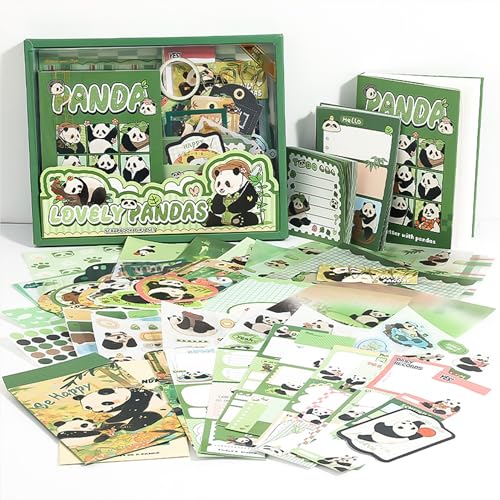 The AutoStory Bear Scrapbook Album A6 Junk Journal Notebook Cute Animal Stickers Bamboo Collage Paper Washi Tape DIY Craft Art Making Stationery Present Teen Girls Set (Lovely Pandas, Green) - Image 1