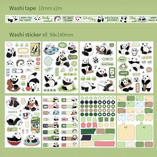 The AutoStory Bear Scrapbook Album A6 Junk Journal Notebook Cute Animal Stickers Bamboo Collage Paper Washi Tape DIY Craft Art Making Stationery Present Teen Girls Set (Lovely Pandas, Green) - Image 3