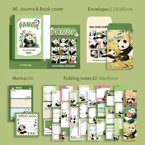 The AutoStory Bear Scrapbook Album A6 Junk Journal Notebook Cute Animal Stickers Bamboo Collage Paper Washi Tape DIY Craft Art Making Stationery Present Teen Girls Set (Lovely Pandas, Green) - Image 2