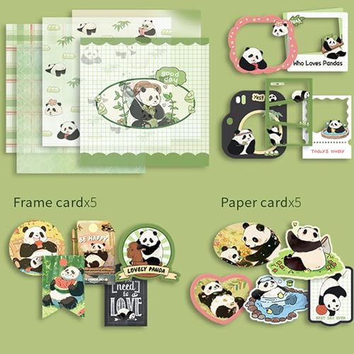 The AutoStory Bear Scrapbook Album A6 Junk Journal Notebook Cute Animal Stickers Bamboo Collage Paper Washi Tape DIY Craft Art Making Stationery Present Teen Girls Set (Lovely Pandas, Green) - Image 5