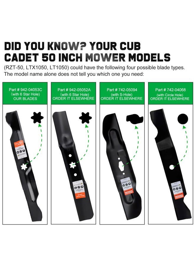 Grasscool RZT50 50 inch Mower Blades for MTD Cub Cadet RZT 50 LT1050 LTX1050 LTX1050KW LGT1050 50'' Deck Lawnmower Replace 942-04053C 742 04053 942-04053B (3 Pack) - Image 3