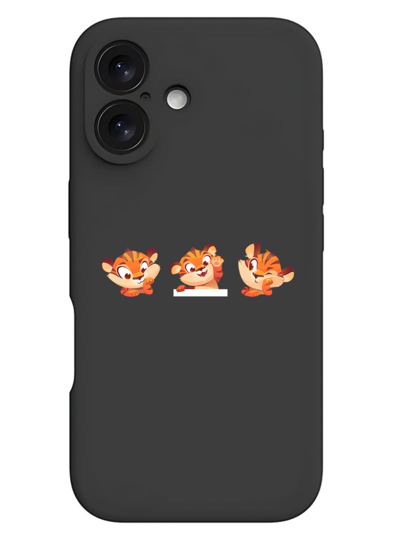 Protective Slim Fit Case Liquid Silicone Cover with Full Body Protection Anti-Scratch Shockproof Case For iPhone 16 Plus Black - Cute tiger expressions