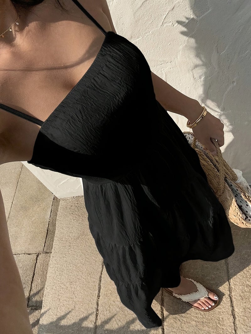 Textured Fabric, Ruched Elastic Waist, Sleeveless Dress, Loose-fitting Effect, Vacation Style - Image 3