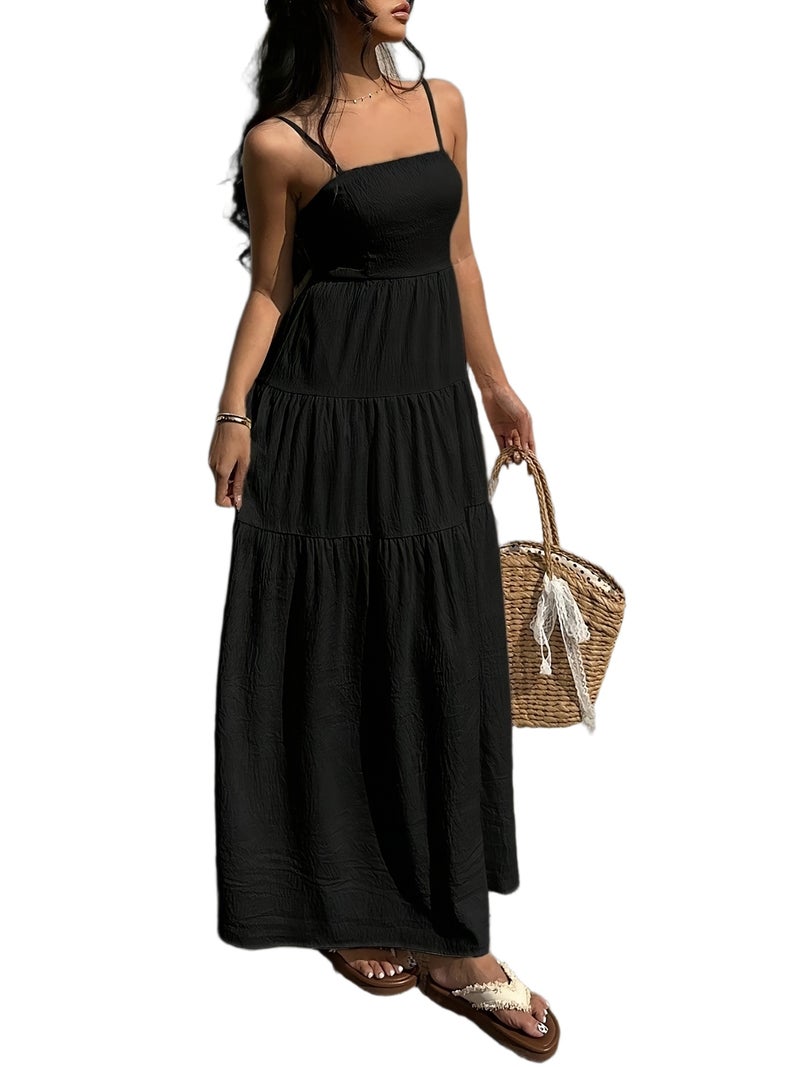 Textured Fabric, Ruched Elastic Waist, Sleeveless Dress, Loose-fitting Effect, Vacation Style - Image 1