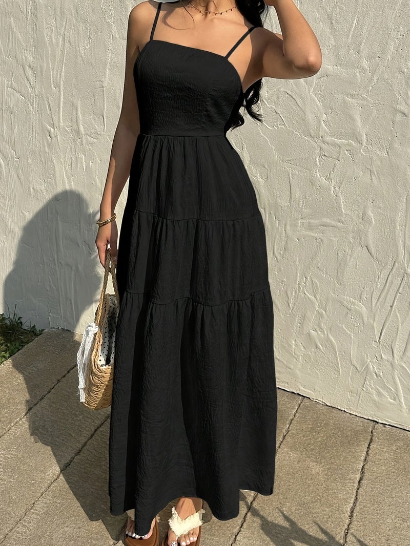 Textured Fabric, Ruched Elastic Waist, Sleeveless Dress, Loose-fitting Effect, Vacation Style - Image 2