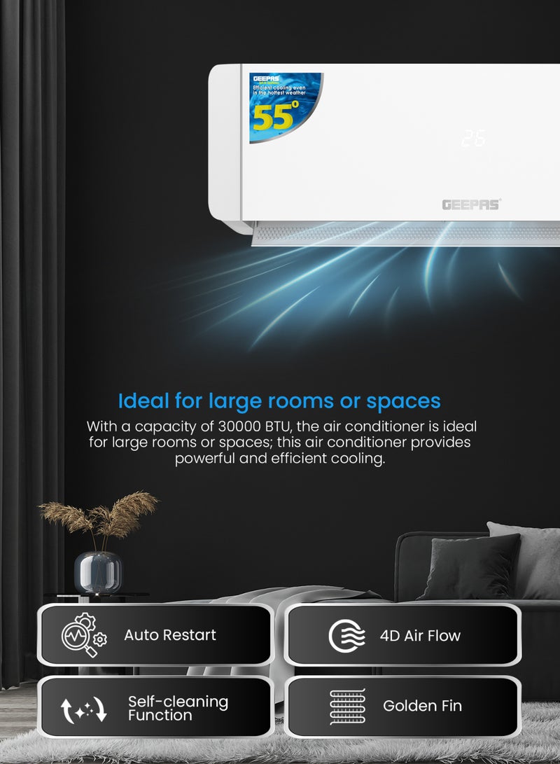 GEEPAS 2.5 Ton Split Type Air Conditioner LED Display, Energy Saving, Auto Restart, Self Cleaning |Ideal for Bedrooms, Living Rooms, Study Spaces, Offices, etc.1 Year Warranty 3500 W GACS3025CUE white - Image 2