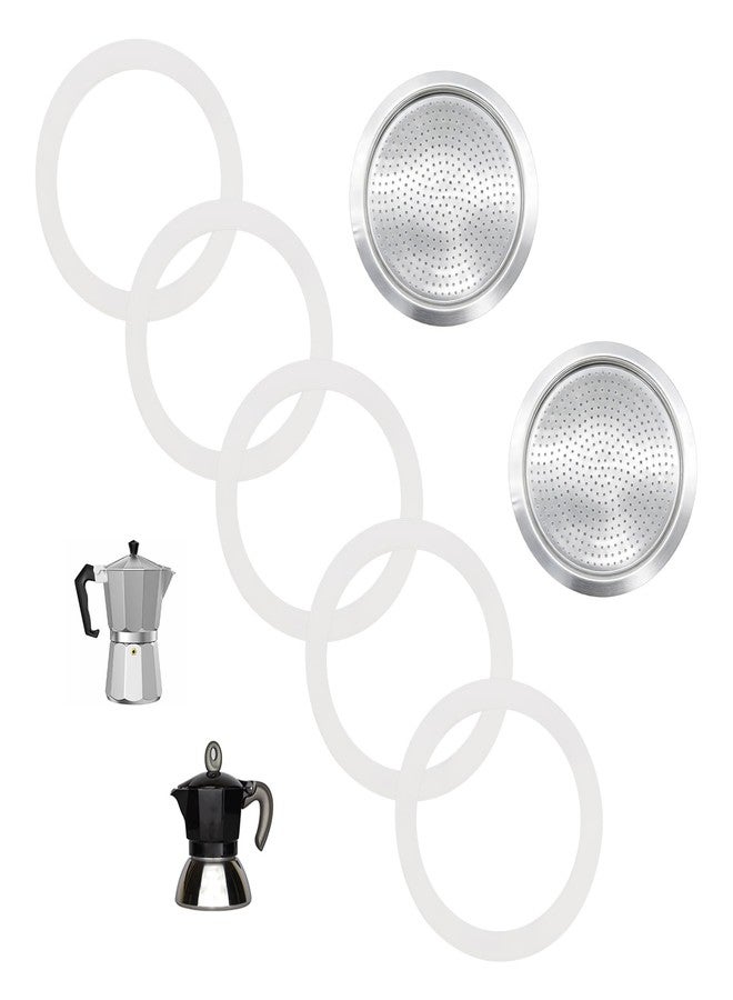 Koatukys 6 Cups Moka Pot Coffee Gasket Replace for Bia-letti Moka Aluminium Stovetop Espresso Coffee Maker Pots, 2 Stainless Filter and 5 Gaskets - Image 1