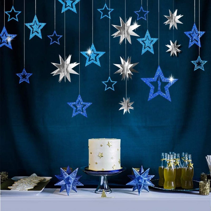 Decor365 Blue Star Garland 3D Hanging Twinkle Little Star Decorations Glittery Navy Blue Party Supplies for Baby Shower Birthday New Year Eve Graduation Christmas Ramadan Galaxy Theme Star Decor