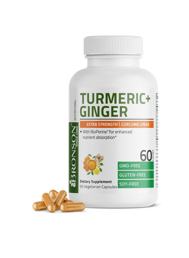 Bronson برونسون كركم + زنجبيل قوة إضافية لدعم صحة المفاصل والهضم مع بيوبيرين، غير معدّل وراثيًا، 60 كبسولة نباتية - Image 1