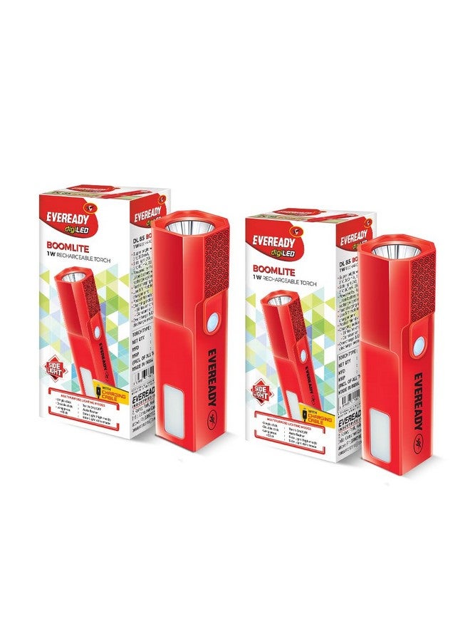 إفريدي مصباح يدوي قابل لإعادة الشحن Eveready Boomlite | DL85 | 4 أوضاع إضاءة | مصباح يدوي بقوة 1 وات ومصباح جانبي للطوارئ بقوة 2 وات | تقنية ECT مع كابل شحن Micro USB | أحمر، أصفر، أزرق وأسود - Image 1