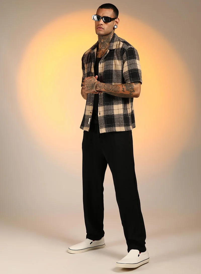Campus Sutra Men's Midnight Black & Saltbox Beige Tartan Resort Oversized Shirt
