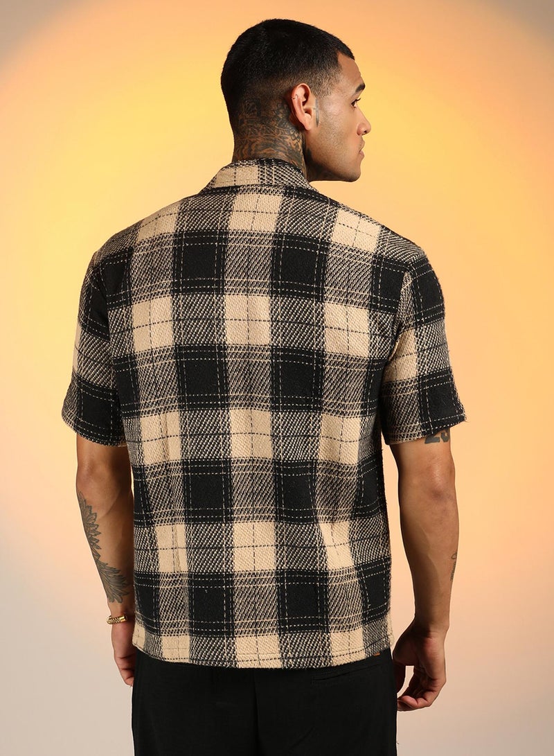 Campus Sutra Men's Midnight Black & Saltbox Beige Tartan Resort Oversized Shirt  - Image 5