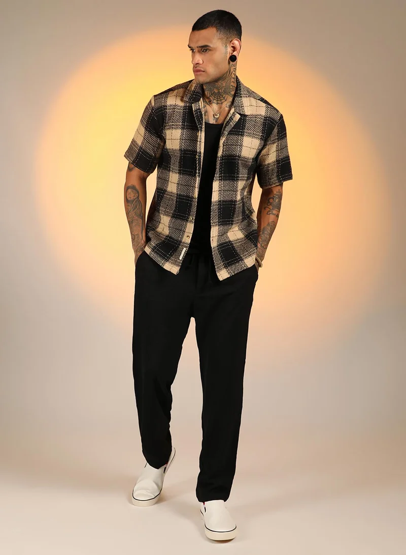 Campus Sutra Men's Midnight Black & Saltbox Beige Tartan Resort Oversized Shirt