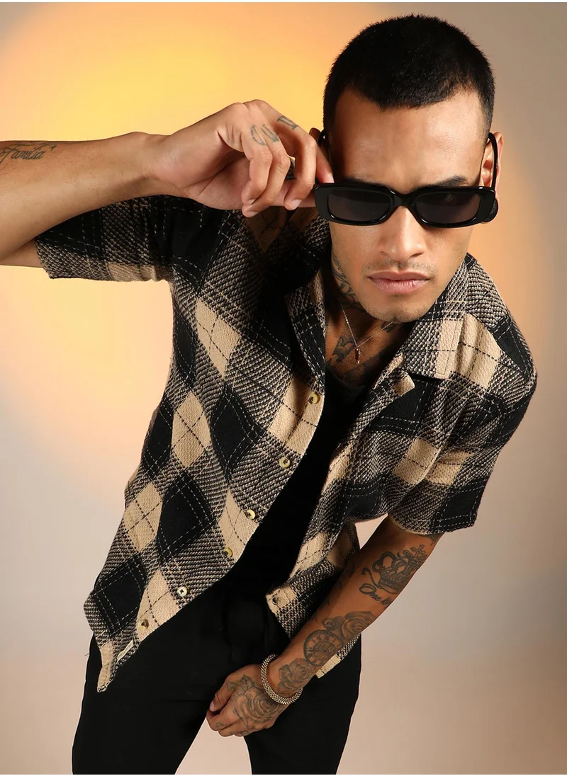 Campus Sutra Men's Midnight Black & Saltbox Beige Tartan Resort Oversized Shirt