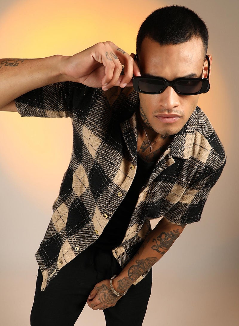 Campus Sutra Men's Midnight Black & Saltbox Beige Tartan Resort Oversized Shirt  - Image 1