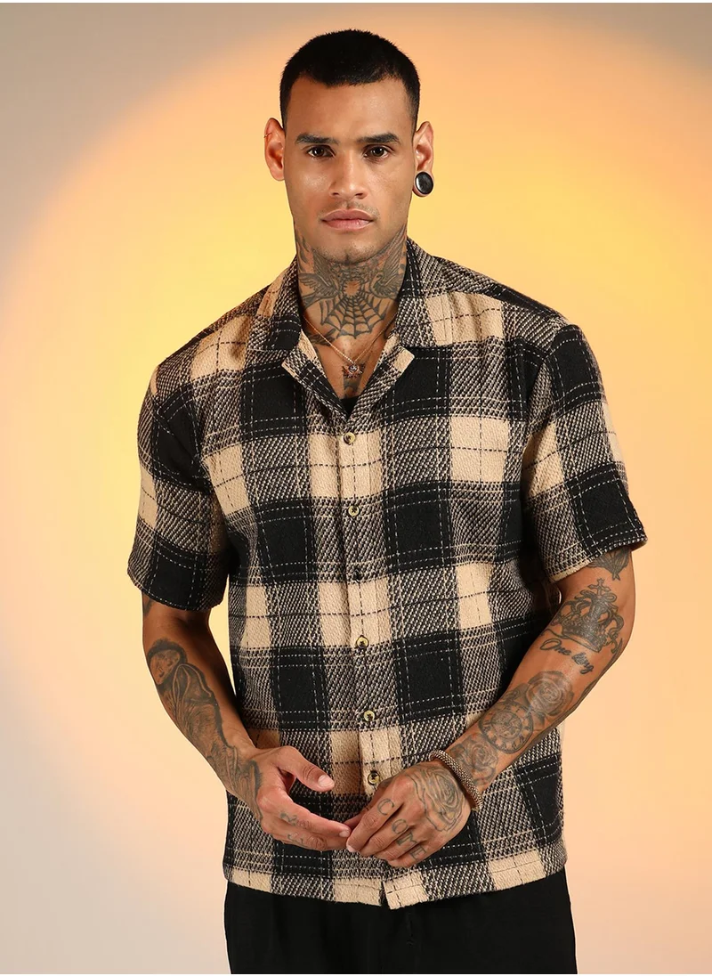 Campus Sutra Men's Midnight Black & Saltbox Beige Tartan Resort Oversized Shirt