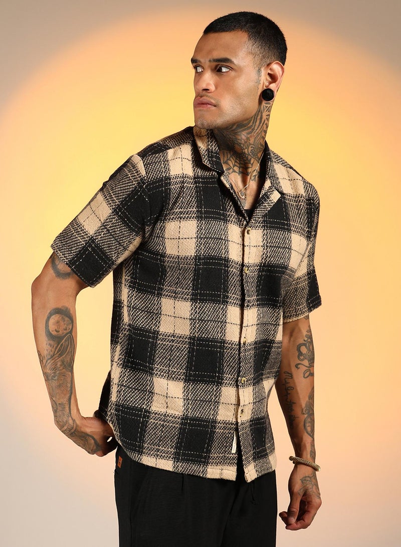 Campus Sutra Men's Midnight Black & Saltbox Beige Tartan Resort Oversized Shirt  - Image 3