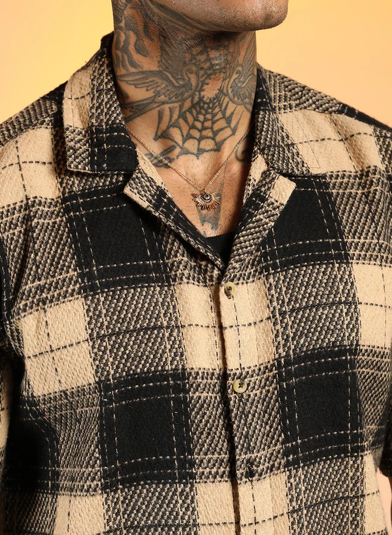Campus Sutra Men's Midnight Black & Saltbox Beige Tartan Resort Oversized Shirt