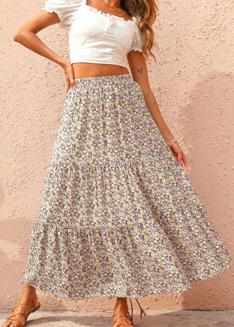 KIRUNDO Women's 2025 Fall High Waist Boho Floral Maxi Skirt Trendy Casual Flowy Swing Pleated A Line Beach Long Skirts(Purple, Small) - Image 2