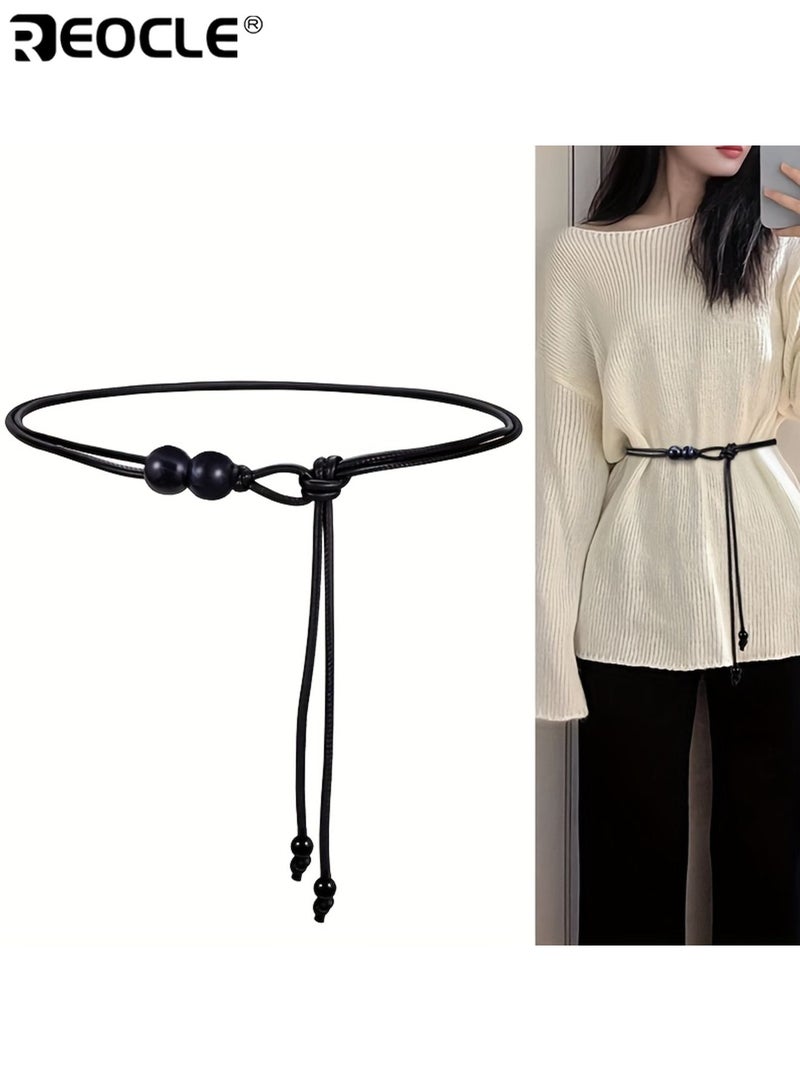 REOCLE Women's Adjustable Slim Fit Waist Cinch Belt with Coffee Brown Beaded Accents Stylish Elegant Outfit Enhancer Suitable for Dresses Shirts Jackets Versatile Design Ideal for Casual to Formal Occasions Daily Wear Parties Work Events Fashion Gatherings Perfect Elegant Accessory for Women Ladies Sophisticated Detailing Shirt Accessory Minimalist Design Durable Material Fashion Accessory Mature Women - Image 3