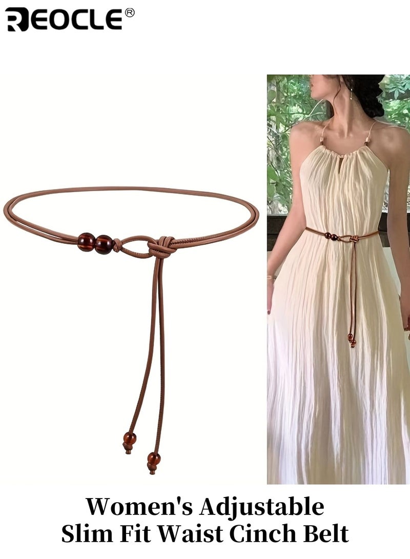 REOCLE Women's Adjustable Slim Fit Waist Cinch Belt with Coffee Brown Beaded Accents Stylish Elegant Outfit Enhancer Suitable for Dresses Shirts Jackets Versatile Design Ideal for Casual to Formal Occasions Daily Wear Parties Work Events Fashion Gatherings Perfect Elegant Accessory for Women Ladies Sophisticated Detailing Shirt Accessory Minimalist Design Durable Material Fashion Accessory Mature Women - Image 1