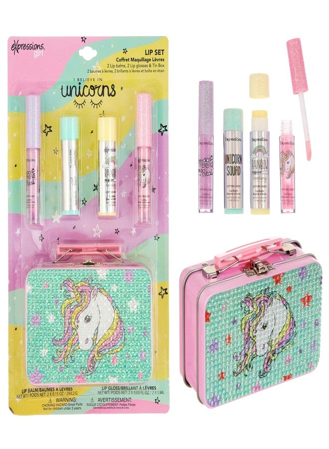 Expressions 5pc Cosmetics Lip Kit For Kids w/Lip Glosses, Lip Balms & Tin Box Storage Case "I Believe in Unicorns" Rhinestone,Washable + Non Toxic - Image 2