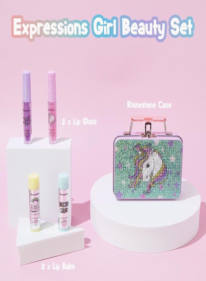 Expressions 5pc Cosmetics Lip Kit For Kids w/Lip Glosses, Lip Balms & Tin Box Storage Case "I Believe in Unicorns" Rhinestone,Washable + Non Toxic - Image 3